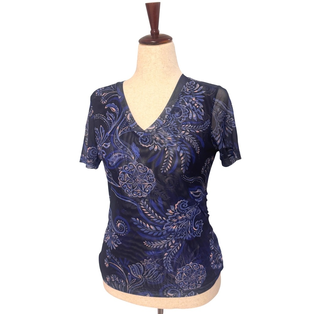 JOHNNY WAS | Mesh Tee Women M Blue Paisley Floral V-Neck Short Sleeve Boho Top - Picture 2 of 4